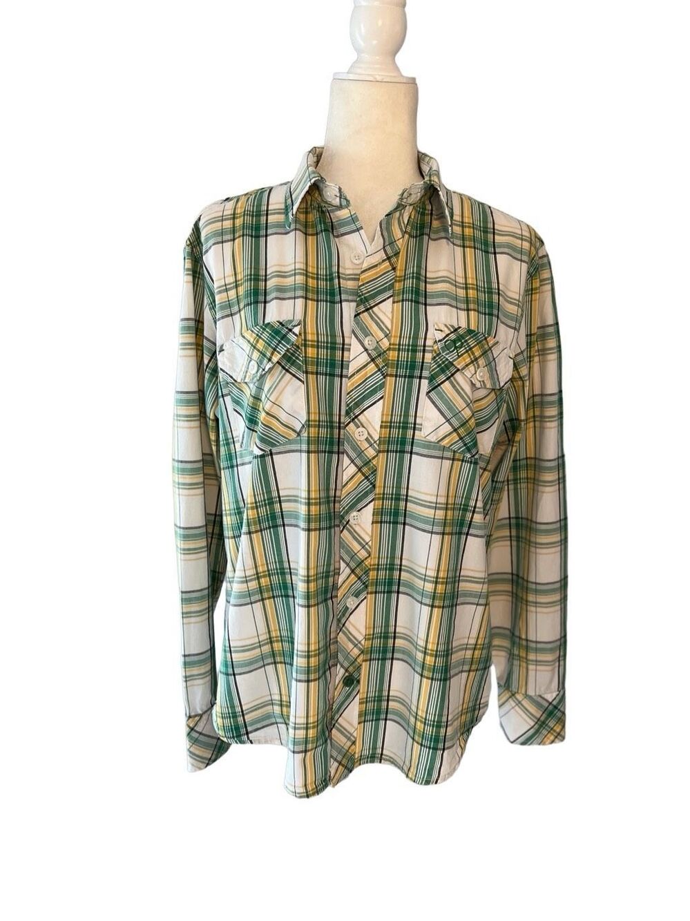 OP white/green/yellow plaid 100% cotton button down shirt with chest pockets - M
